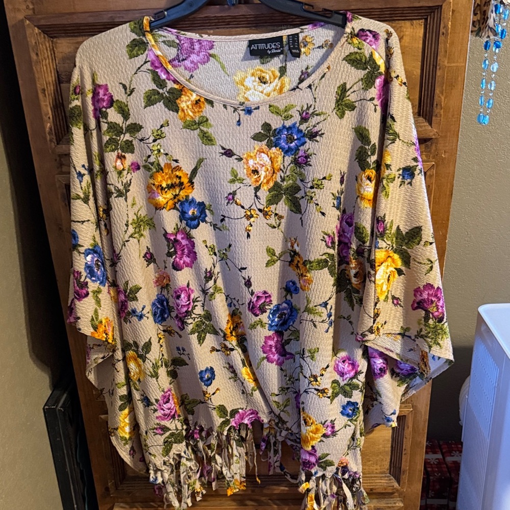 Attitudes by Renee Floral Fringe Blouse - Purple, Yellow, Cream